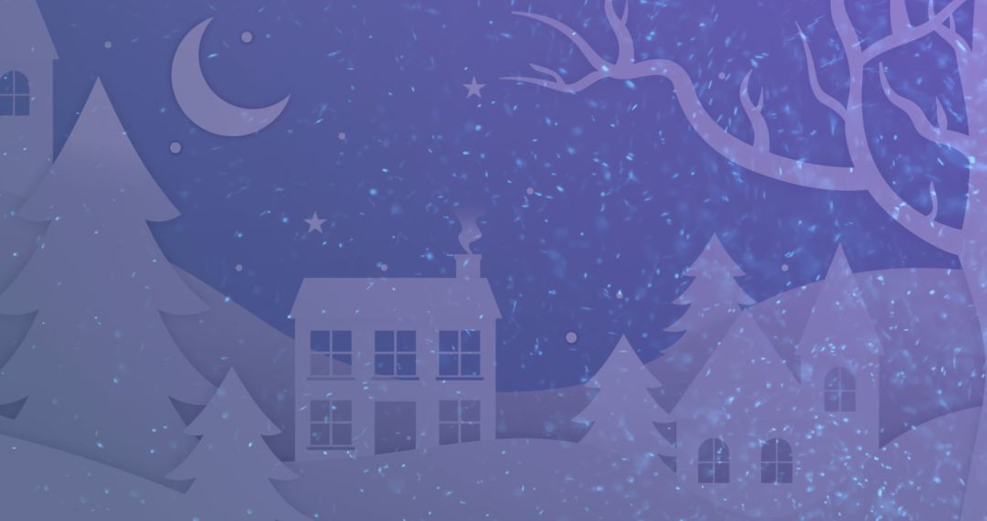 Enchanting Snowy Night with Houses and Trees Under Crescent Moon