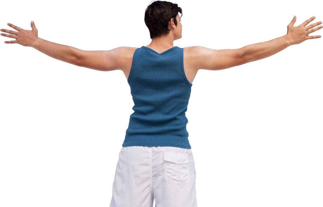 Rear View Transparent Young Man with Outstretched Arms in Tank Top