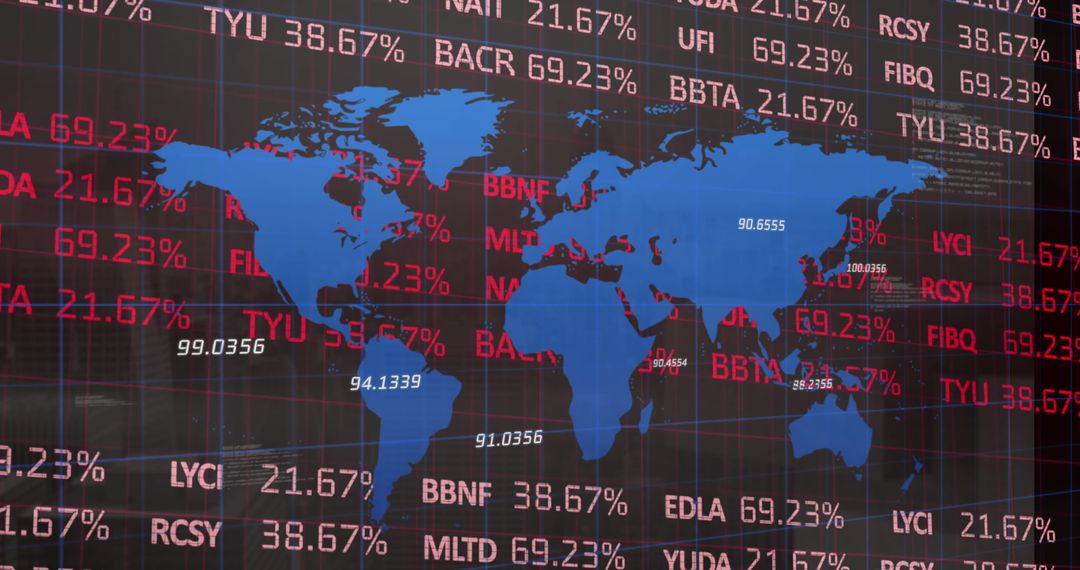Financial Data Overlay on World Map Indicating Global Trends