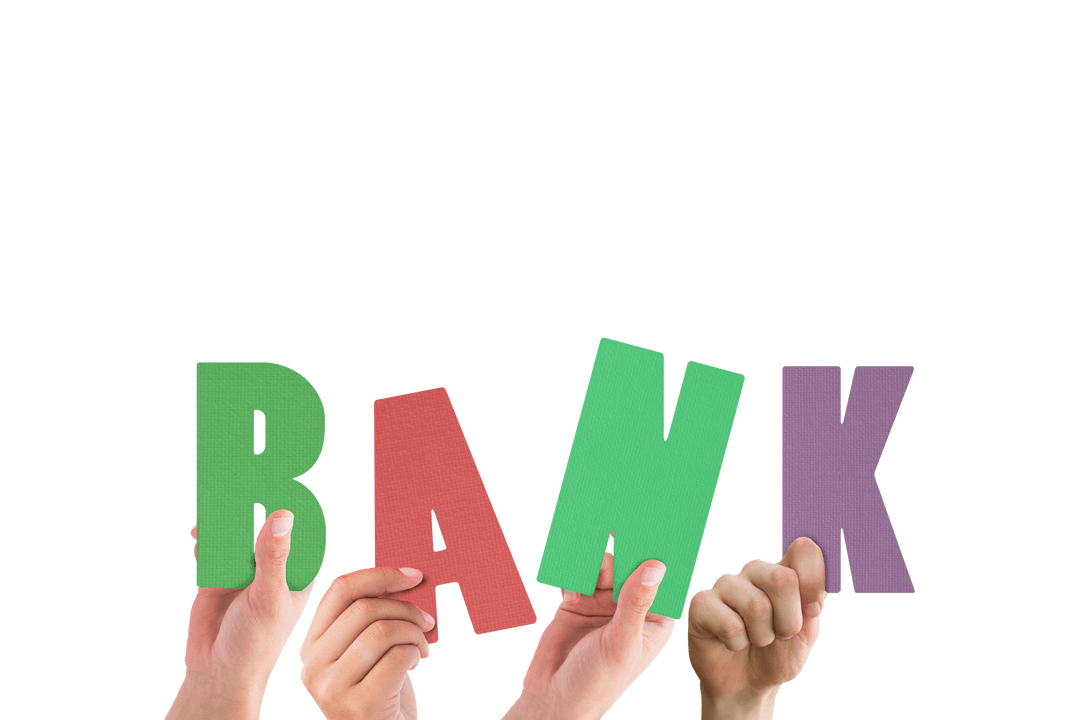 Hands Holding Colorful BANK Letters on Transparent Background