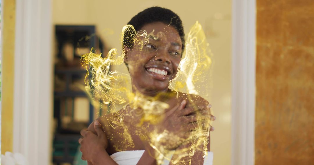 Joyful Wellness Moment with Golden Sparkles and Elegance