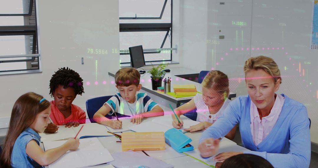 Teacher Guiding Diverse Students in Futuristic Classroom