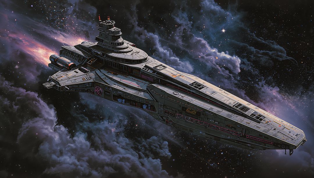 Massive Starship Cruising Through Nebula Clouds with Bridge Tower and Thrusters