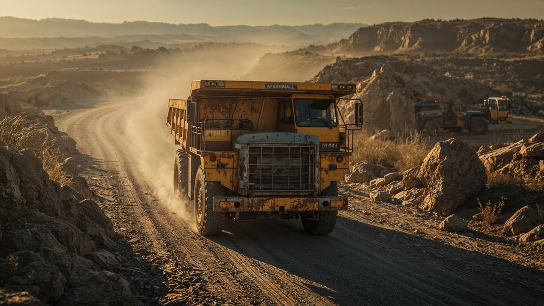 Heavy-duty dumper truck kicking up dust on rugged terrain