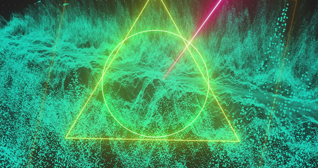 Dynamic Neon Shapes on Pulsating Green Waveform Background