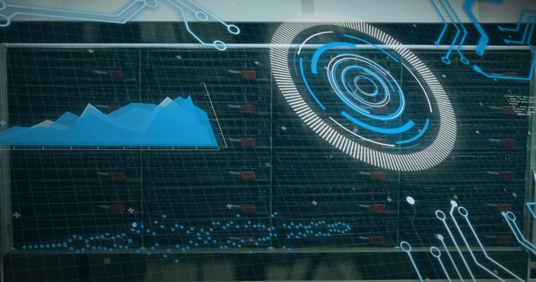 Futuristic Data Analysis Interface with Server Room Overlay