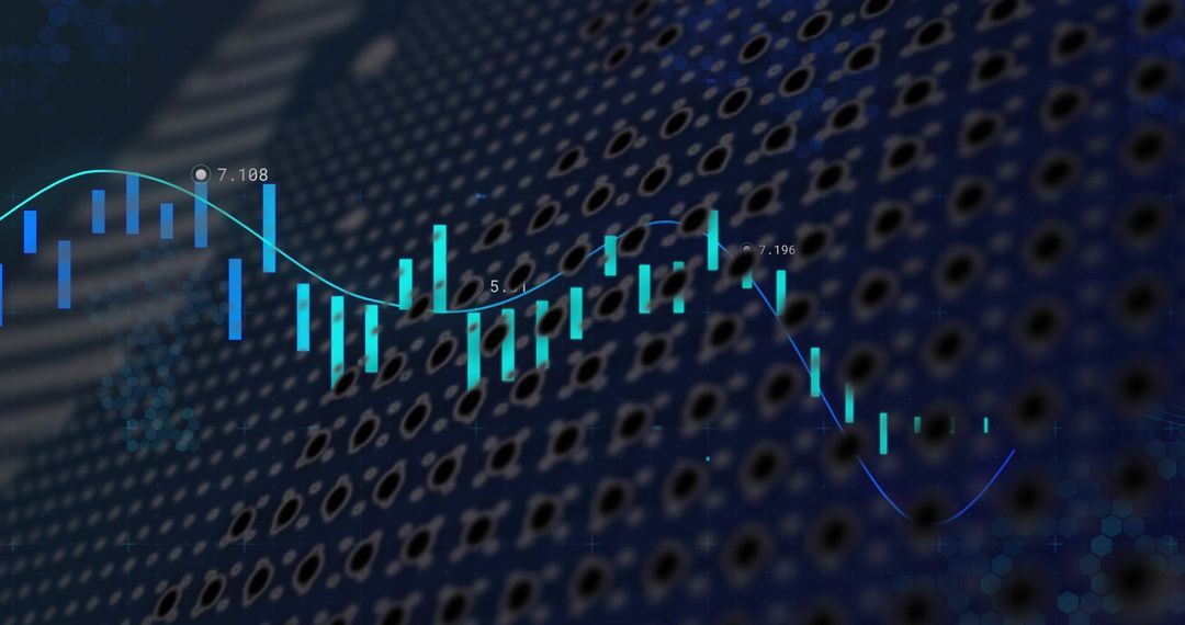 Glowing candlestick chart over perforated metal with neon trend line and teal bars