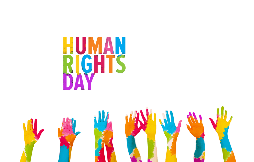 Colorful Human Rights Day Text with Raised Hands on Transparent Background