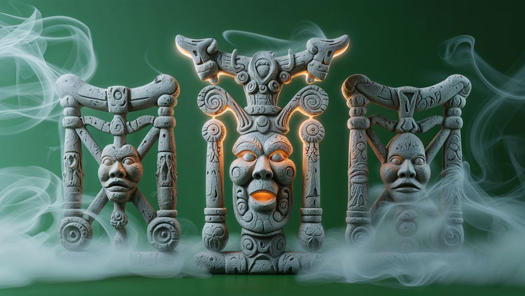 Mystical haiti carved stone masks emitting orange glow on green background