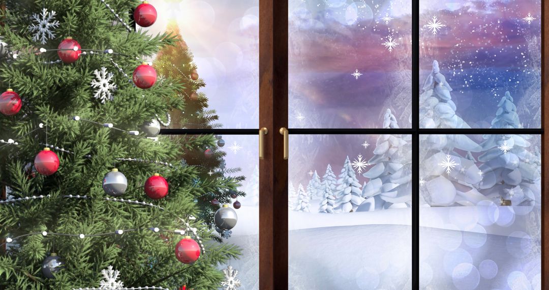 Cozy Christmas Scene with Snow-Draped Tree by Frosted Window