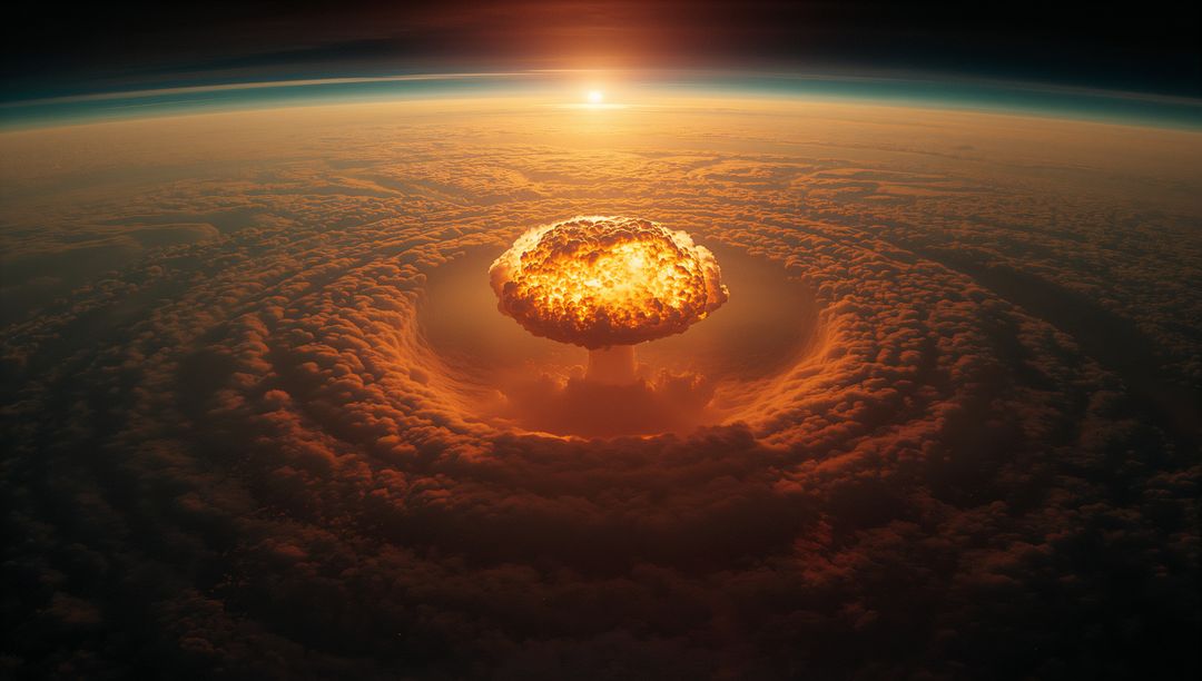 Apocalyptic Mushroom Cloud Over Earth with Sunburst Horizon