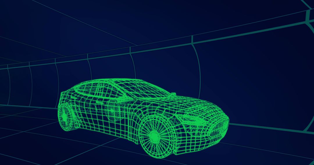Futuristic 3D Hologram Model of Car with Green Grid