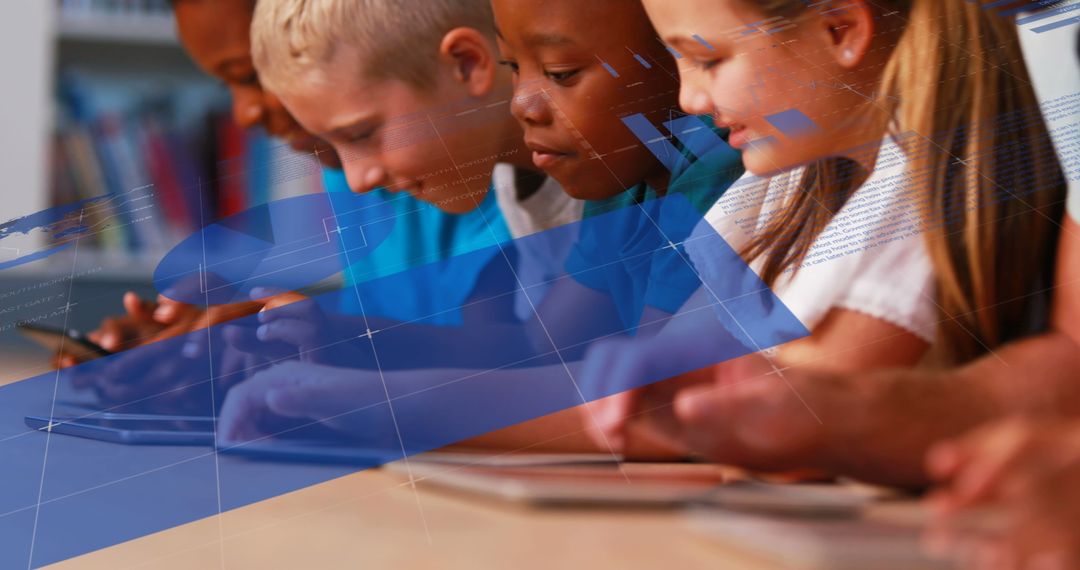 Primary School Kids Using Tablets with Digital Interface Overlay