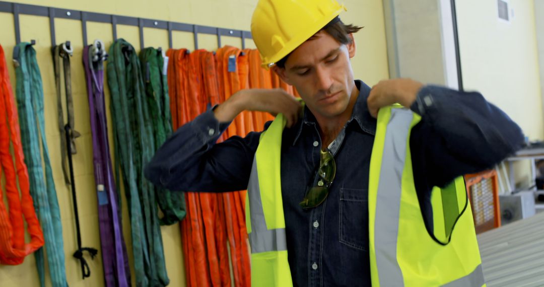 Construction Worker Putting On Safety Vest In Workshop - Free Images, Stock Photos and Pictures on Pikwizard.com
