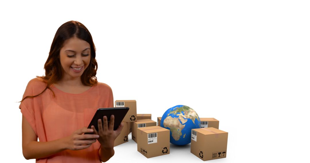 Smiling Woman Using Tablet with Global Shipping Boxes and Globe