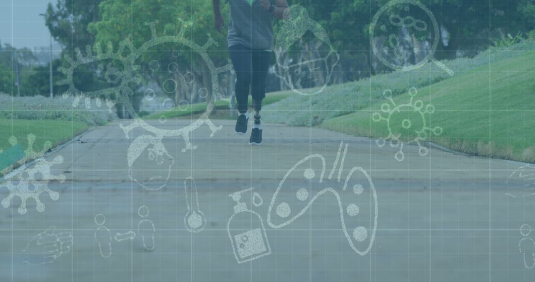 Man Jogging in Park with Virus Health Representation