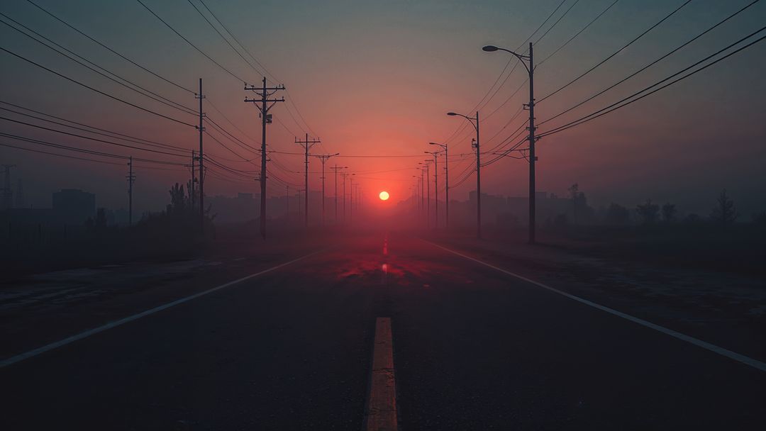 Misty Sunrise Over Road with Glowing Sun and Power Lines