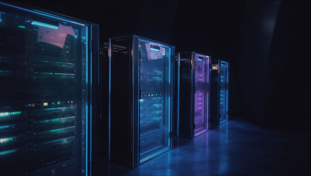 Futuristic Data Center with Illuminated Server Cabinets