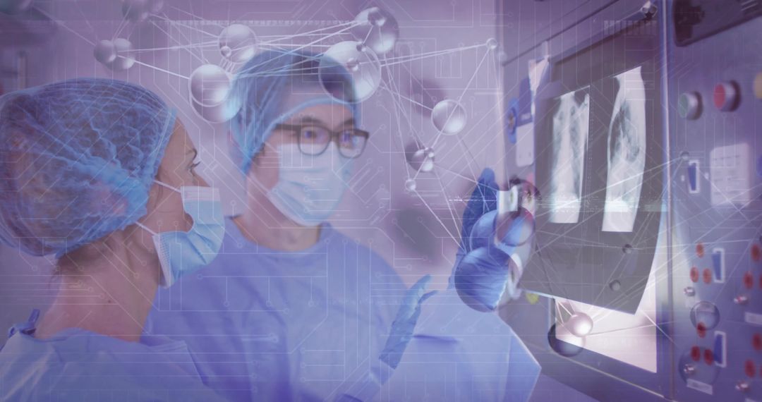 Surgeons Examining X-Rays with Technological Molecular Overlay
