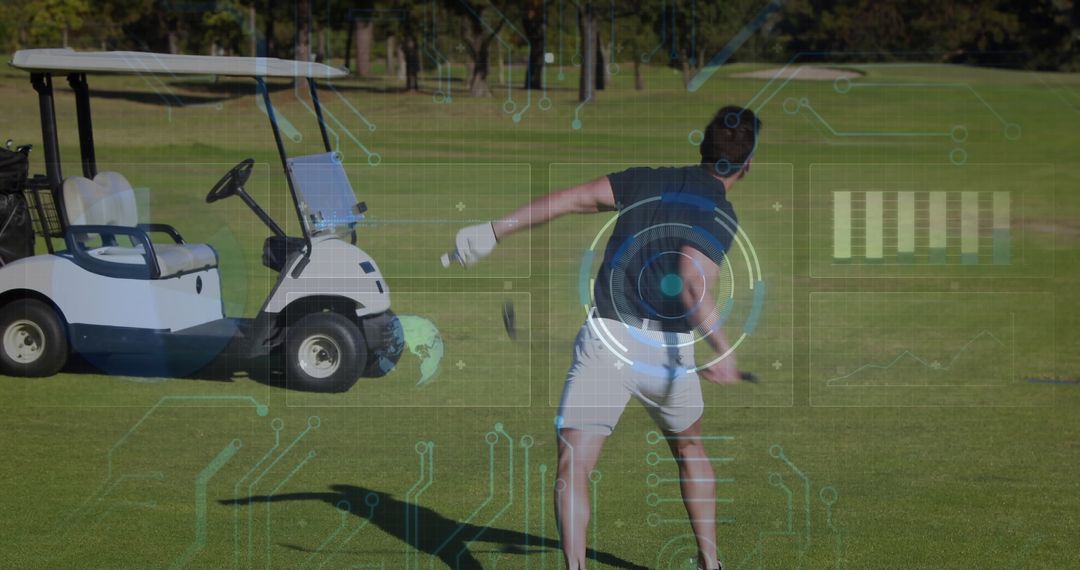 Golfer Preparing Swing with HUD Elements on Golf Course