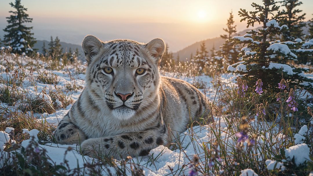 Snow Leopard Resting in Snowy Alpine Meadow with Scenic Sunrise