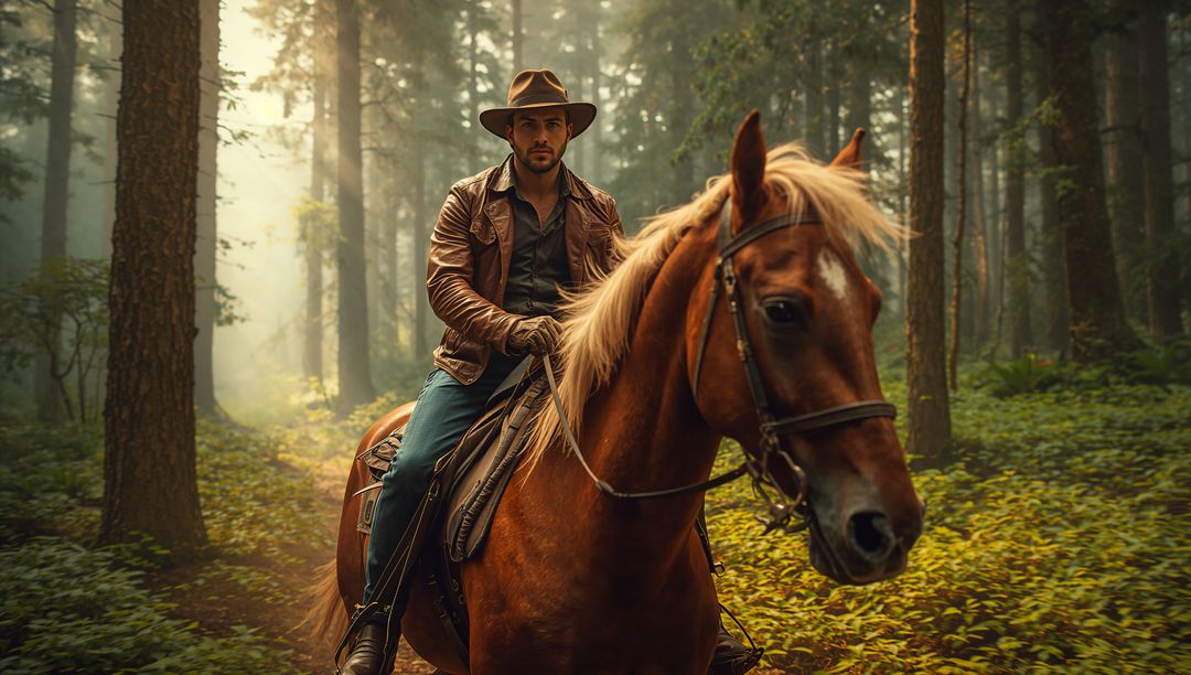 Cowboy riding horse in misty forest adventure