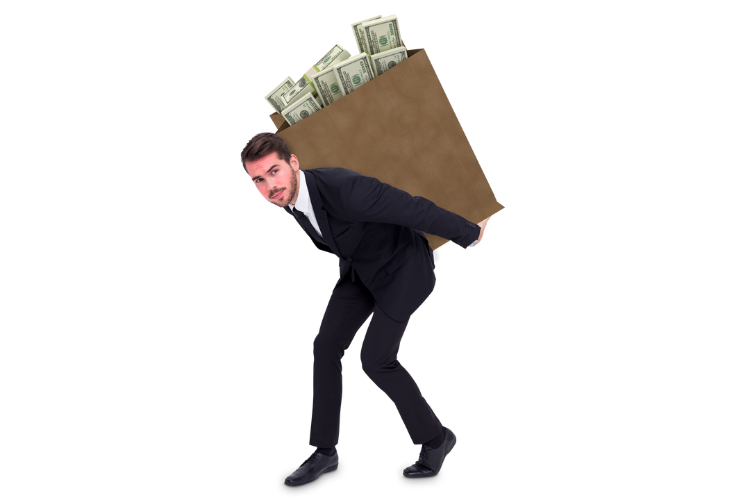 Businessman Carrying Transparent Bag of Cash with Effort - Download Free Stock Images Pikwizard.com