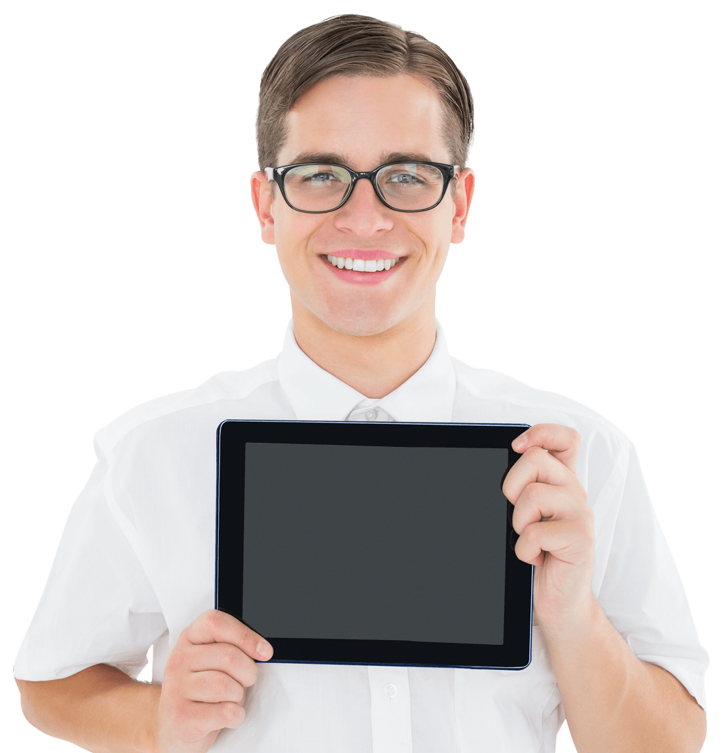 Smiling Businessman Holding Up a Tablet with Transparent Background