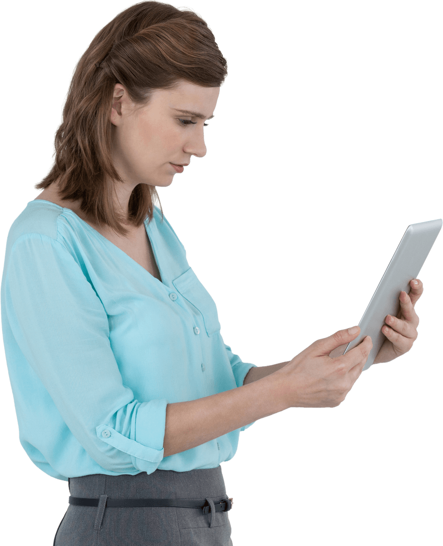 Transparent Businesswoman Engaging with a Digital Tablet
