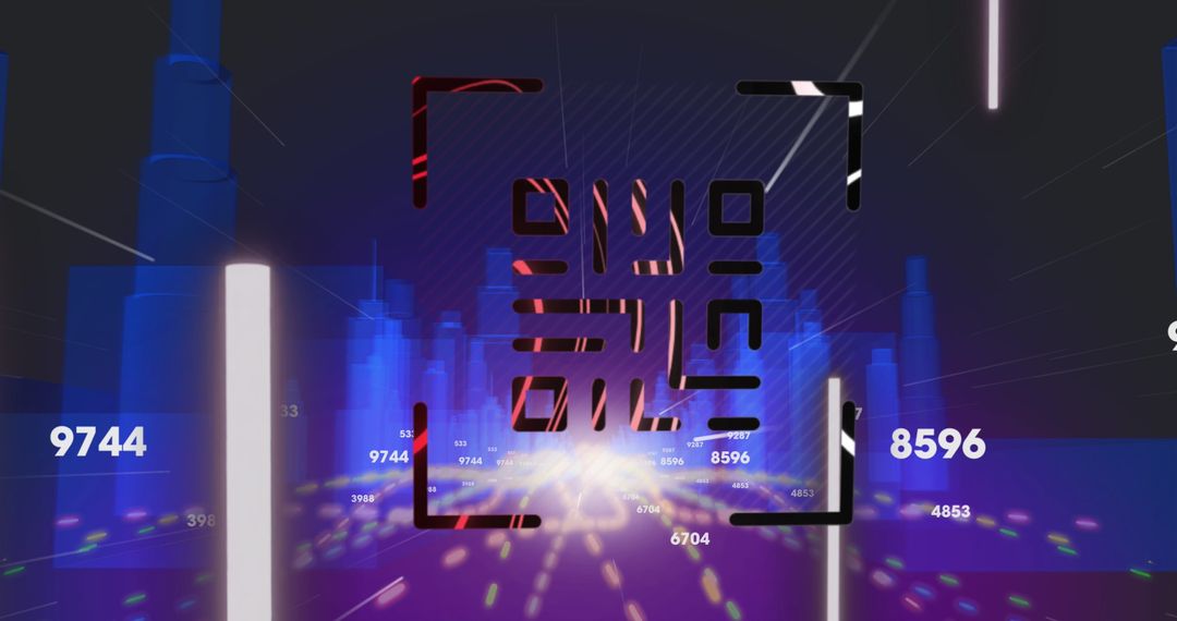 Futuristic Glowing QR Code with Neon and Blue Cityscape