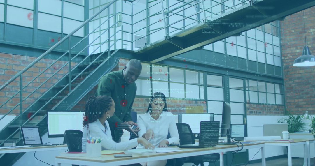 Team Collaboration in Loft Office with Digital Overlay