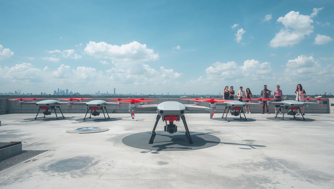 Urban drone fleet on rooftop helipad with professionals observing skyline and tech gear