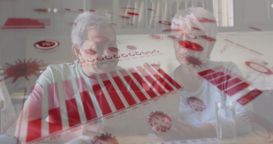 Senior Couple Analyzing Data with Overlay Graphics in Home Environment