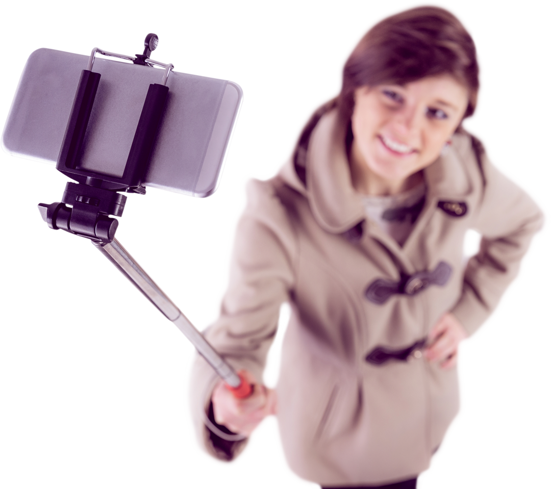 Cheerful Woman with Selfie Stick Capturing Moments Transparent - Download Free Stock Images Pikwizard.com