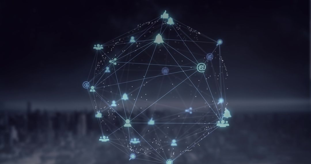 Glowing Digital Icons Network Over Cityscape