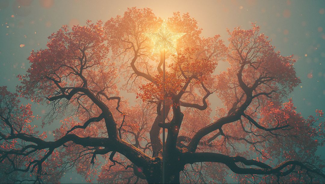 Mystical Tree with Glowing Star in Foggy Enchanted Forest