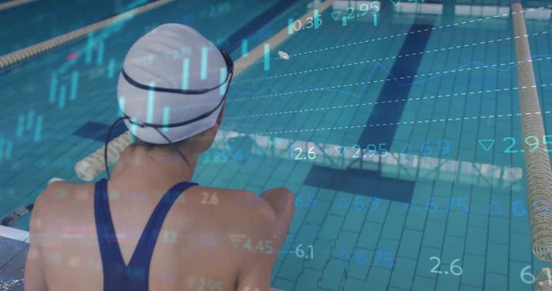 Swimmer Analyzing Swimming Statistics Poolside with Digital Overlay