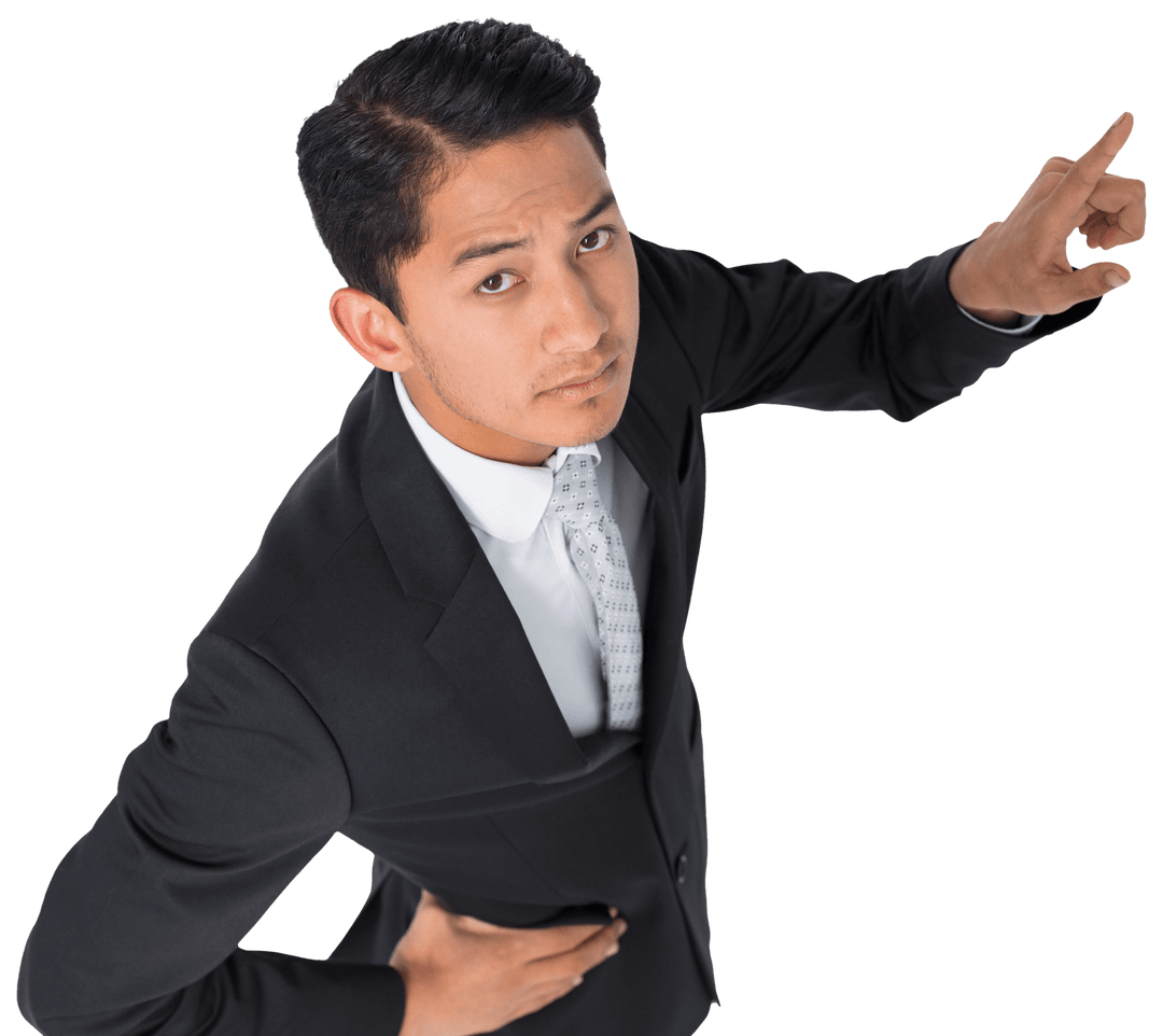 Serious Businessman Pointing with Purpose on Transparent Background