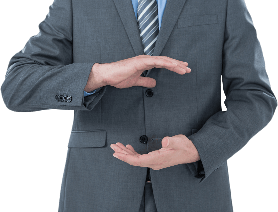 Transparent Object Holding Action by Businessman in Grey Suit