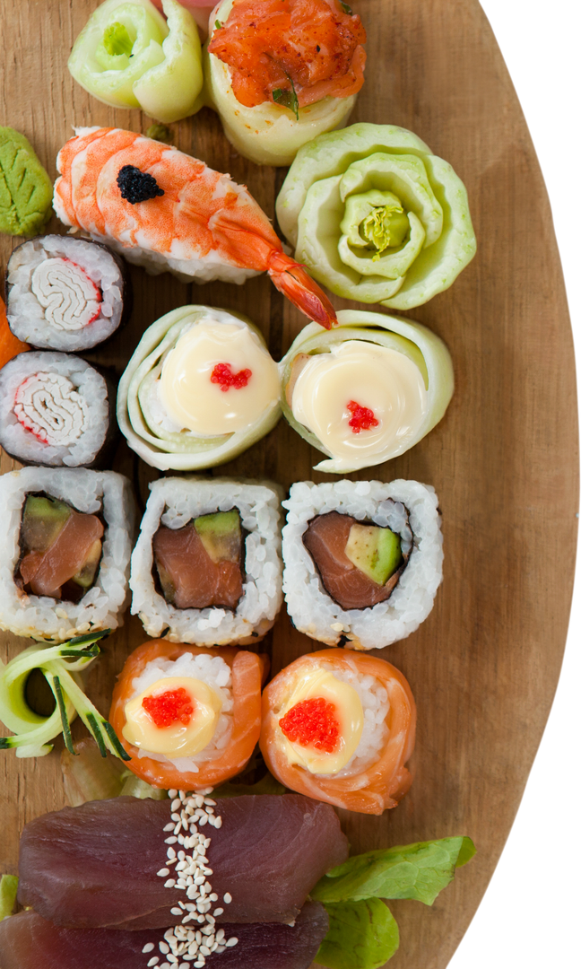 Close Up of Assorted Sushi Rolls and Sashimi on Transparent Wooden Plate - Download Free Stock Images Pikwizard.com