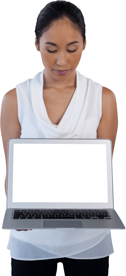 Transparent Background Businesswoman Holding Laptop Computer