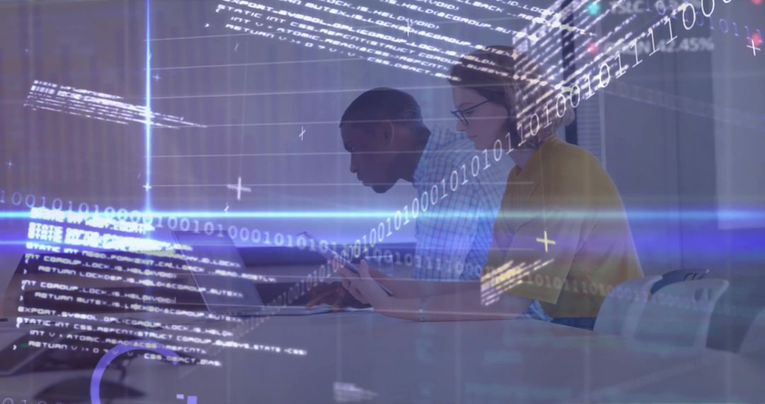 Collaborating Engineers with Coding Overlay in Modern Tech Office