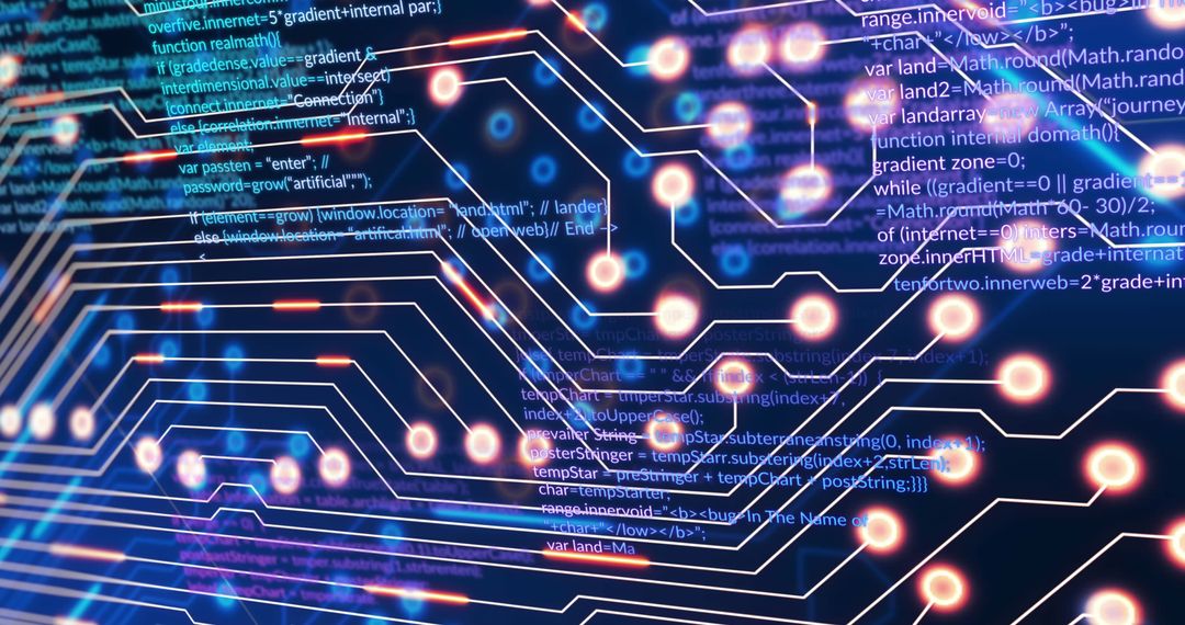 Futuristic Circuit Board with Code Flowing on Dark Background