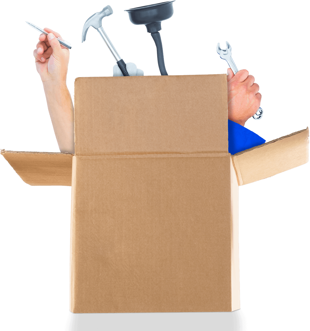 Transparent Cardboard Box with Tools Overflowing for Work Concept