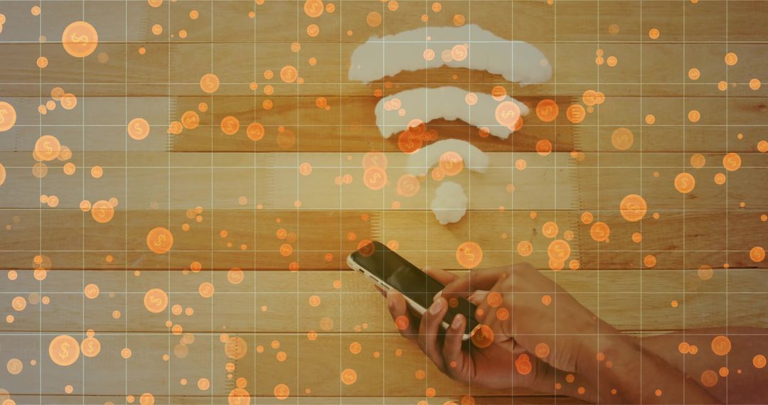 Holding right hand tapping smartphone with Wi-Fi coin overlay on wood planks for mobile fintech