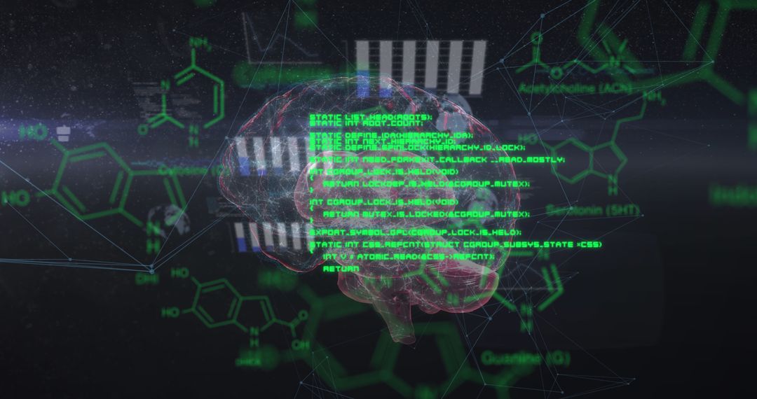Digital brain with data and chemical formulas in advanced tech concept