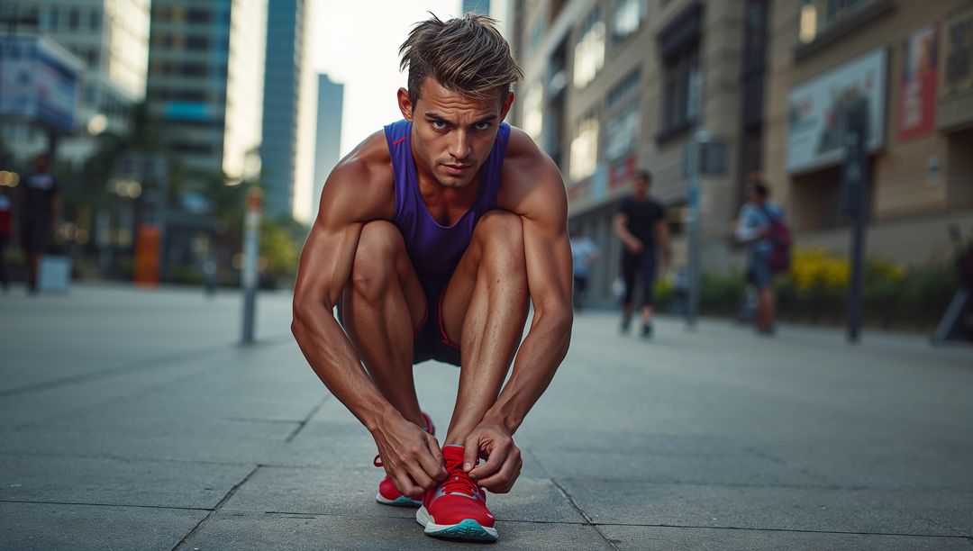 Dedicated Athlete Preparing for City Run with Focused Determination