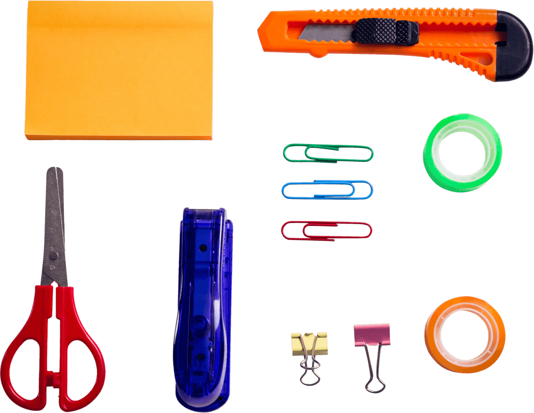 Colorful Stationery Supplies Set on Transparent Background