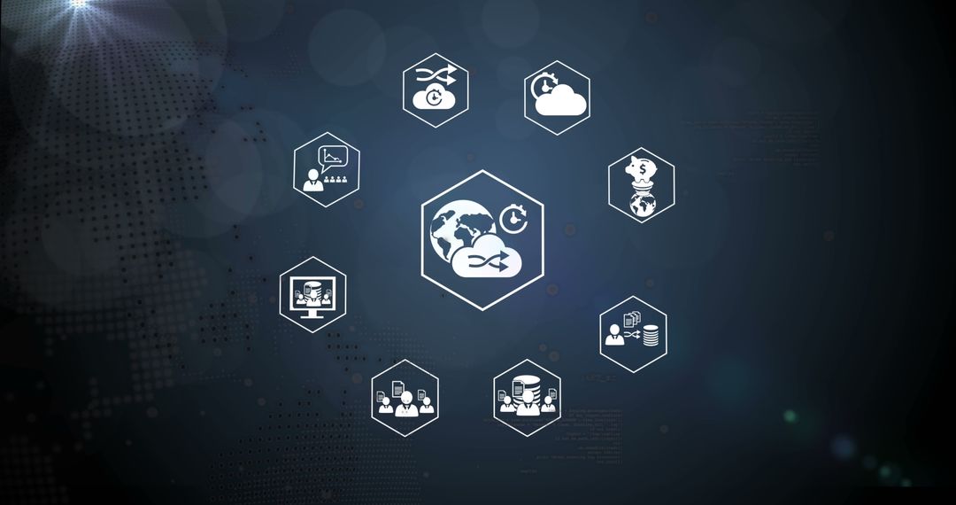 Global Connectivity and Technology Network Icons on Dark Background