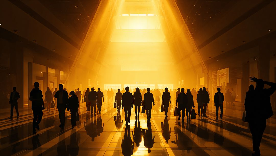 Golden Backlit Commuters Walking Concourse Atrium With Dramatic Sunlight and Reflections